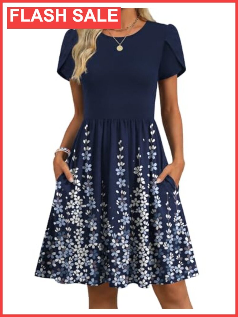 Women Summer Dress Short Sleeve Aline Mini Dress with Pockets Casual Swing